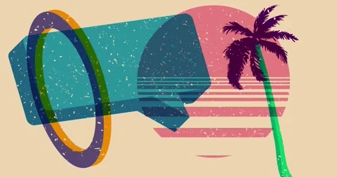 Risograph palm tree and speech bubble with geometric elements animation Video stock 278710068