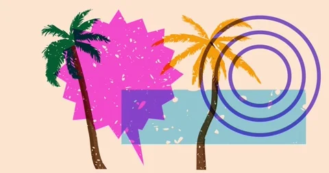 Risograph Palm Tree and speech bubble with geometric elements animation Video stock 312241961