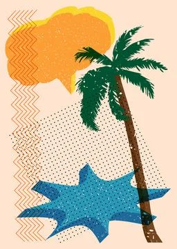 Risograph Palm Tree with speech bubble with geometric shapes. Objects in tr.. Stockillustratie