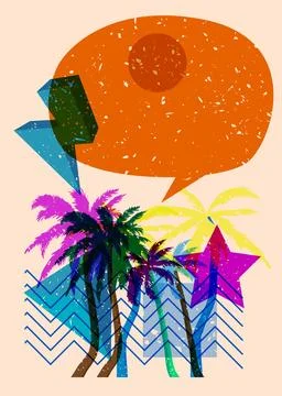 Risograph Palm Tree with speech bubble with geometric shapes. Objects in tr.. 库存插图