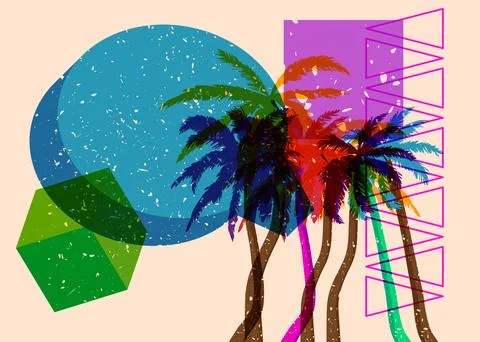 Risograph Palm Tree with speech bubble with geometric shapes. Objects in tr.. 库存插图