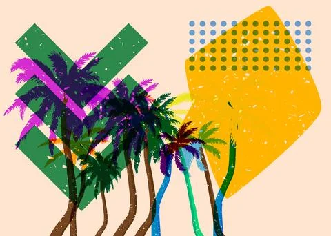 Risograph Palm Tree with speech bubble with geometric shapes. Objects in tr.. 库存插图