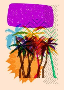 Risograph Palm Tree with speech bubble with geometric shapes. Objects in tr.. 库存插图