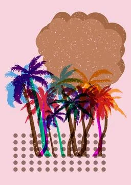 Risograph Palm Tree with speech bubble with geometric shapes. Objects in tr.. 库存插图