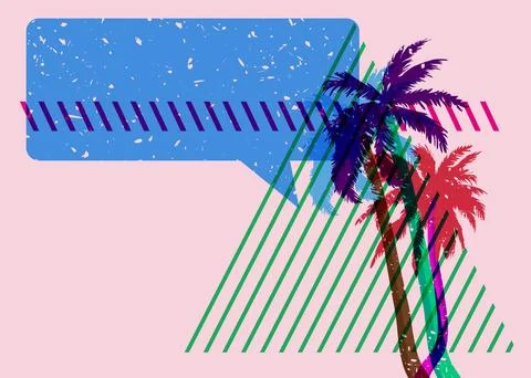 Risograph Palm Tree with speech bubble with geometric shapes. Objects in tr.. 库存插图