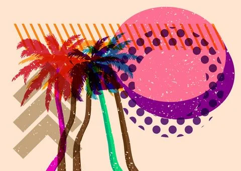 Risograph Palm Tree with speech bubble with geometric shapes. Objects in tr.. 库存插图