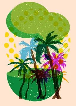 Risograph Palm Tree with speech bubble with geometric shapes. Objects in tr.. 库存插图
