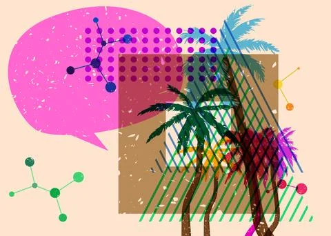 Risograph Palm Tree with speech bubble with geometric shapes. Objects in tr.. 库存插图