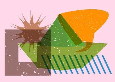 Risograph paper ship with speech bubble and geometric shapes. Origami boat .. Stock Illustration