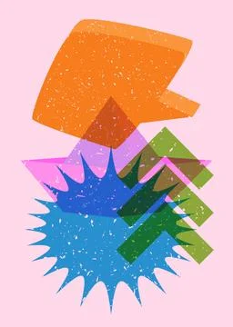 Risograph paper ship with speech bubble and geometric shapes. Origami boat .. Stock Illustration