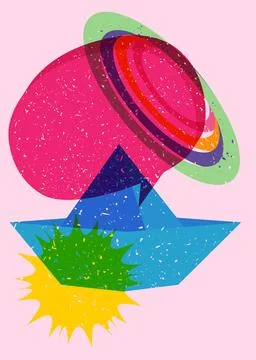 Risograph paper ship with speech bubble and geometric shapes. Origami boat .. Stock Illustration