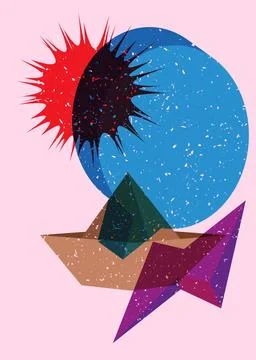 Risograph paper ship with speech bubble and geometric shapes. Origami boat .. Stock Illustration