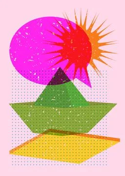 Risograph paper ship with speech bubble and geometric shapes. Origami boat .. Stock Illustration