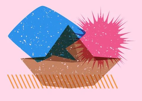 Risograph paper ship with speech bubble and geometric shapes. Origami boat .. Stock Illustration