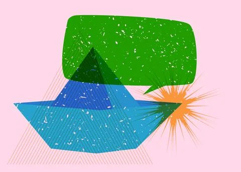 Risograph paper ship with speech bubble and geometric shapes. Origami boat .. Stock Illustration
