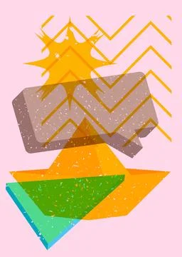 Risograph paper ship with speech bubble and geometric shapes. Origami boat .. イラスト素材