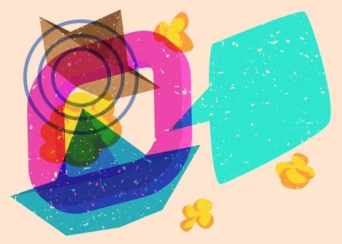 Risograph paper ship with speech bubble with geometric shapes. Objects in t.. Иллюстрация
