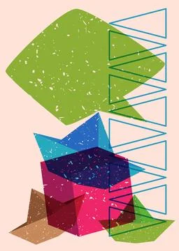Risograph paper ship with speech bubble with geometric shapes. Objects in t.. Иллюстрация