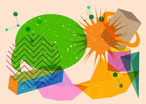 Risograph paper ship with speech bubble with geometric shapes. Objects in t.. Иллюстрация