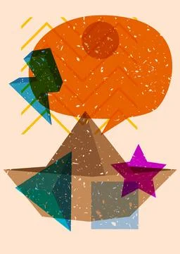 Risograph paper ship with speech bubble with geometric shapes. Objects in t.. Иллюстрация