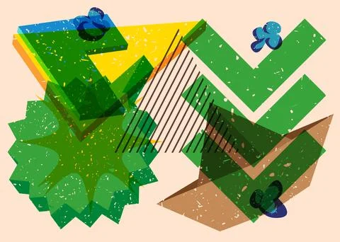 Risograph paper ship with speech bubble with geometric shapes. Objects in t.. Иллюстрация