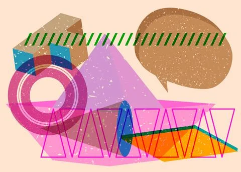Risograph paper ship with speech bubble with geometric shapes. Objects in t.. Иллюстрация
