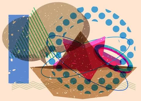 Risograph paper ship with speech bubble with geometric shapes. Objects in t.. Иллюстрация