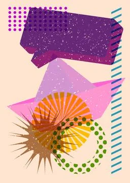 Risograph paper ship with speech bubble with geometric shapes. Objects in t.. Иллюстрация