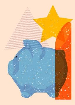 Risograph Piglet with geometric shapes. Objects in trendy riso graph print .. Illustrazione stock