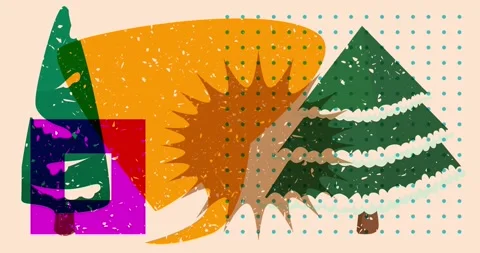 Risograph pine tree with speech bubble and simple geometric shapes video Stock Footage 256827700