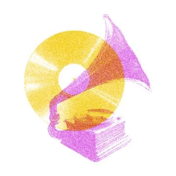 Risograph Print with Photocopy Effect Featuring a Vintage Gramophone and Music Stock Illustration