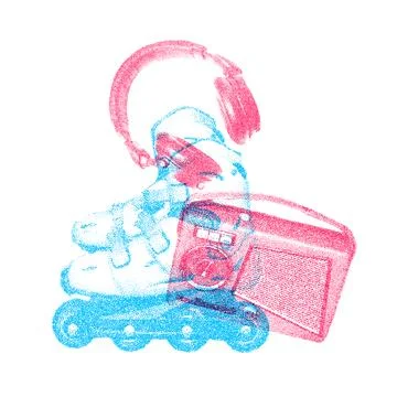 Risograph Print with Photocopy Effect Featuring a Roller Skate, Headphones, and Stock Illustration