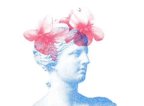 Risograph Print with Photocopy Effect Featuring Venus Statue and Flowers Stock Illustration