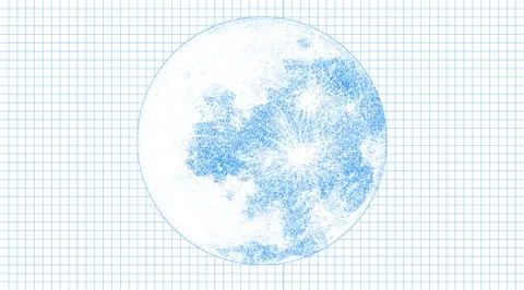 Risograph Print with Photocopy Effect Featuring a Moon on a Notebook Grid Stock Illustration