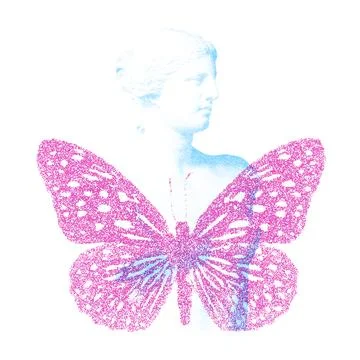 Risograph Print with Photocopy Effect Featuring a Butterfly and Venus Statue Stock Illustration