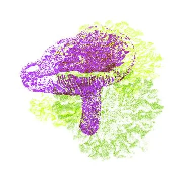 Risograph Print with Photocopy Effect Featuring a Mushroom and Lichens in a Stock Illustration