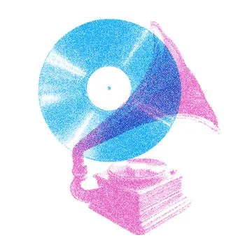Risograph Print with Photocopy Effect Featuring a Vintage Gramophone and Music Stock Illustration