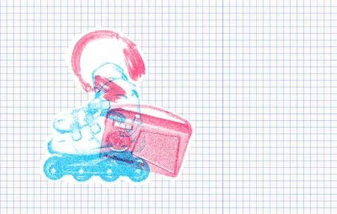 Risograph Print with Photocopy Effect Featuring a Roller Skate, Headphones, and Stock Illustration