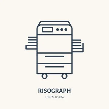 Risograph printer with paper flat line icon. Office printing device sign. Thin Stock Illustration