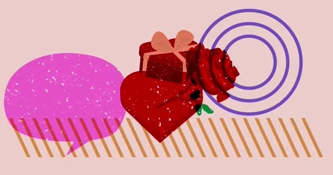 Risograph Red Heart, Gift Box and Rose and speech bubble animation Stock Footage 328270620