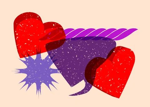 Risograph red heart with speech bubble with geometric shapes. Objects in tr.. Stock Illustration