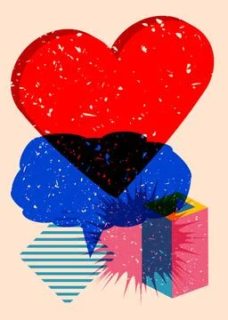 Risograph red heart with speech bubble with geometric shapes. Objects in tr.. Stock Illustration