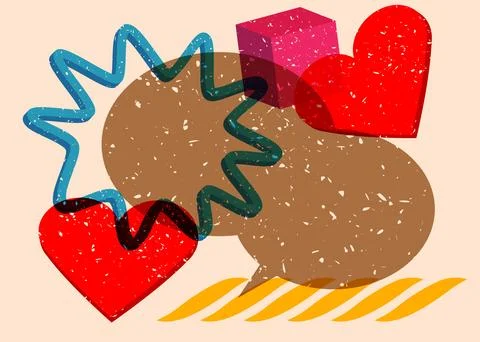 Risograph red heart with speech bubble with geometric shapes. Objects in tr.. Stock Illustration