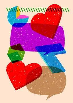 Risograph red heart with speech bubble with geometric shapes. Objects in tr.. Stock Illustration
