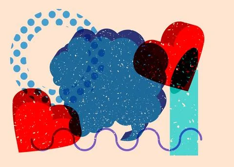 Risograph red heart with speech bubble with geometric shapes. Objects in tr.. Stock Illustration