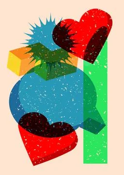 Risograph red heart with speech bubble with geometric shapes. Objects in tr.. Stock Illustration