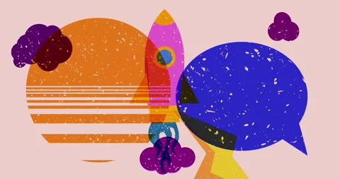Risograph Rocketship and speech bubble with geometric elements animation Stock Footage 313168990