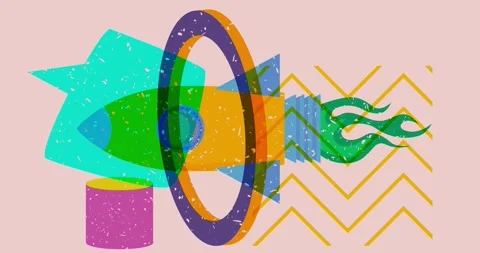 Risograph Rocketship and speech bubble with geometric elements Stock Footage 313168992