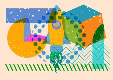Risograph Rocketship with geometric shapes. Objects in trendy riso graph pr.. Illustrazione stock