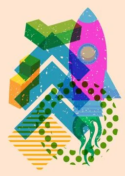 Risograph Rocketship with geometric shapes. Objects in trendy riso graph pr.. Stock Illustration